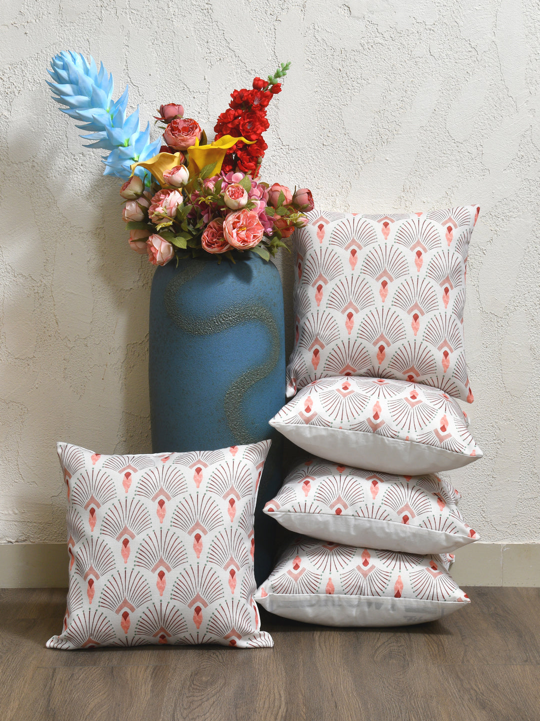 Cushion Covers Set Of 5; Peach On White