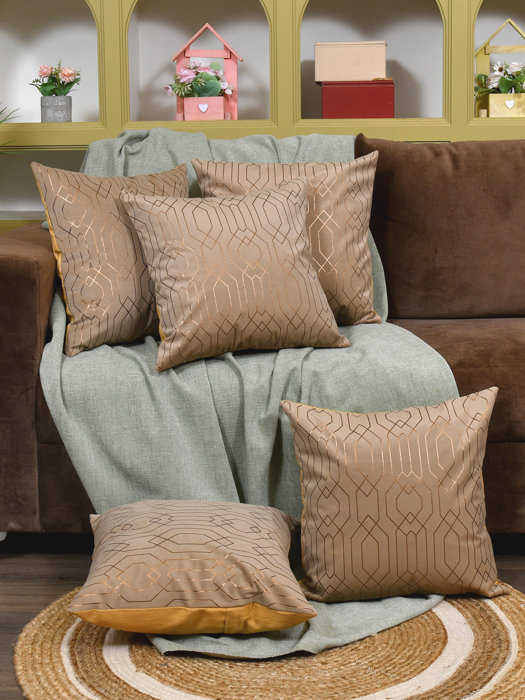 Cushion Covers Set Of 5; Golden On Taupe