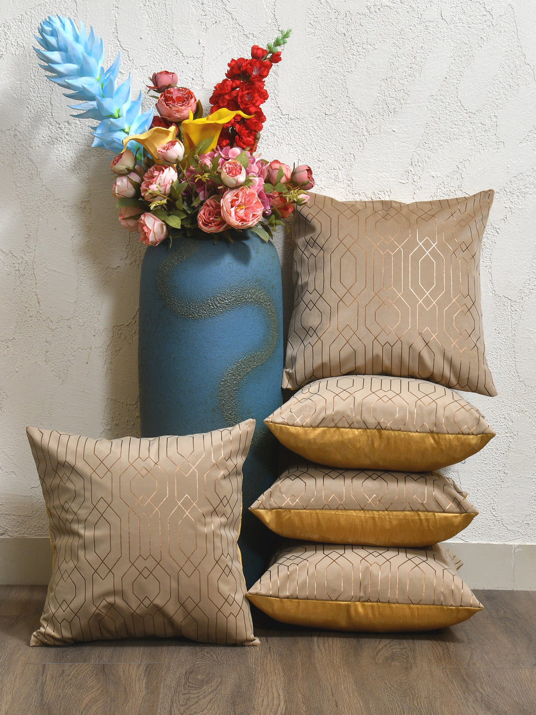 Cushion Covers Set Of 5; Golden On Taupe