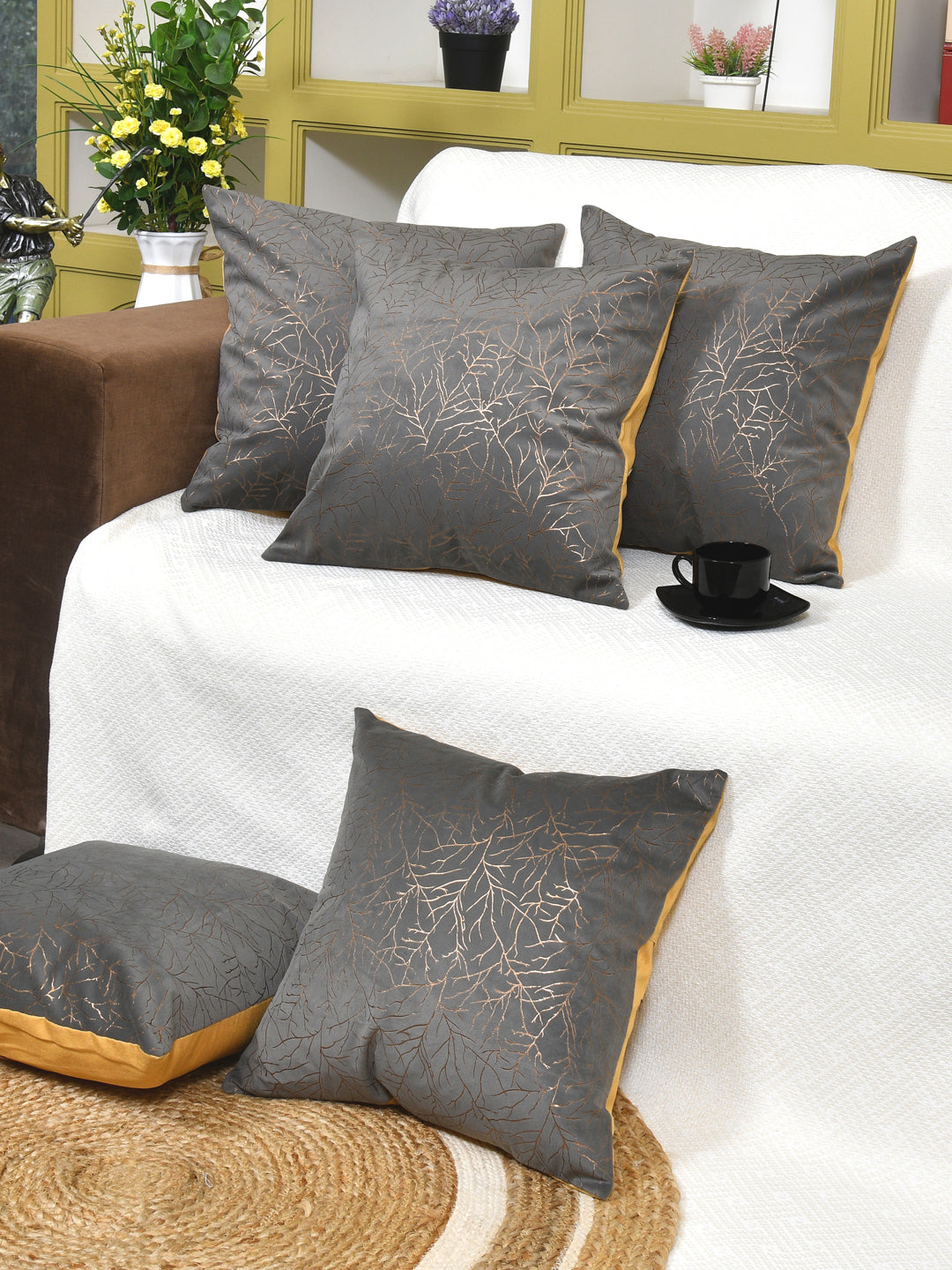 Cushion Covers Set Of 5; Golden On Grey