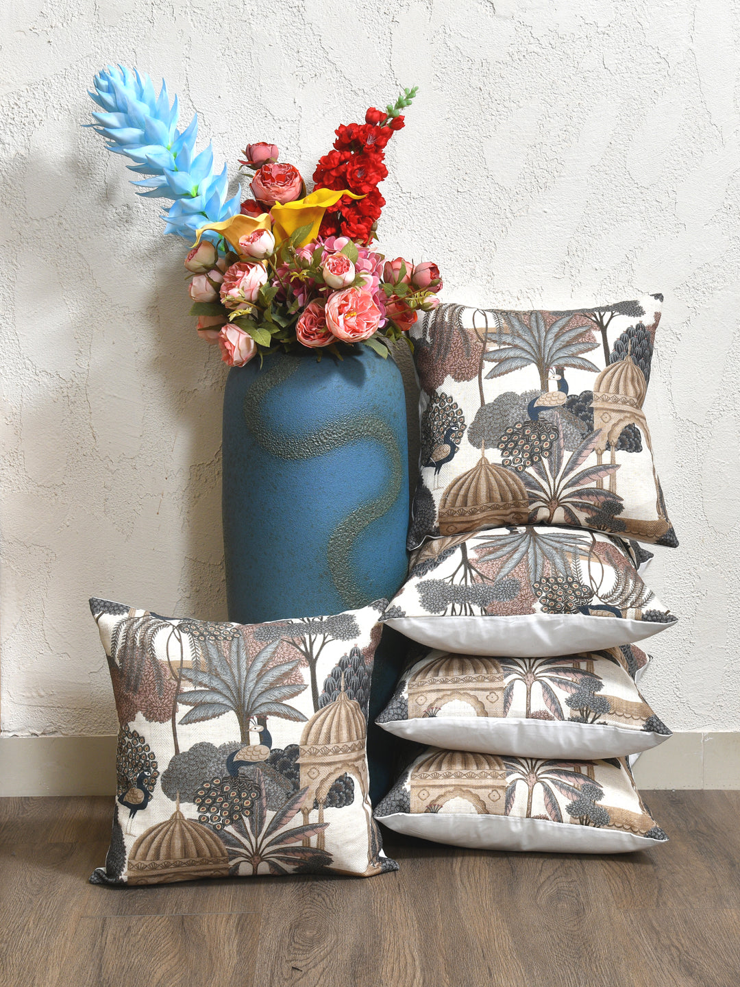 Cushion Covers Set Of 5; Peacock With Tree