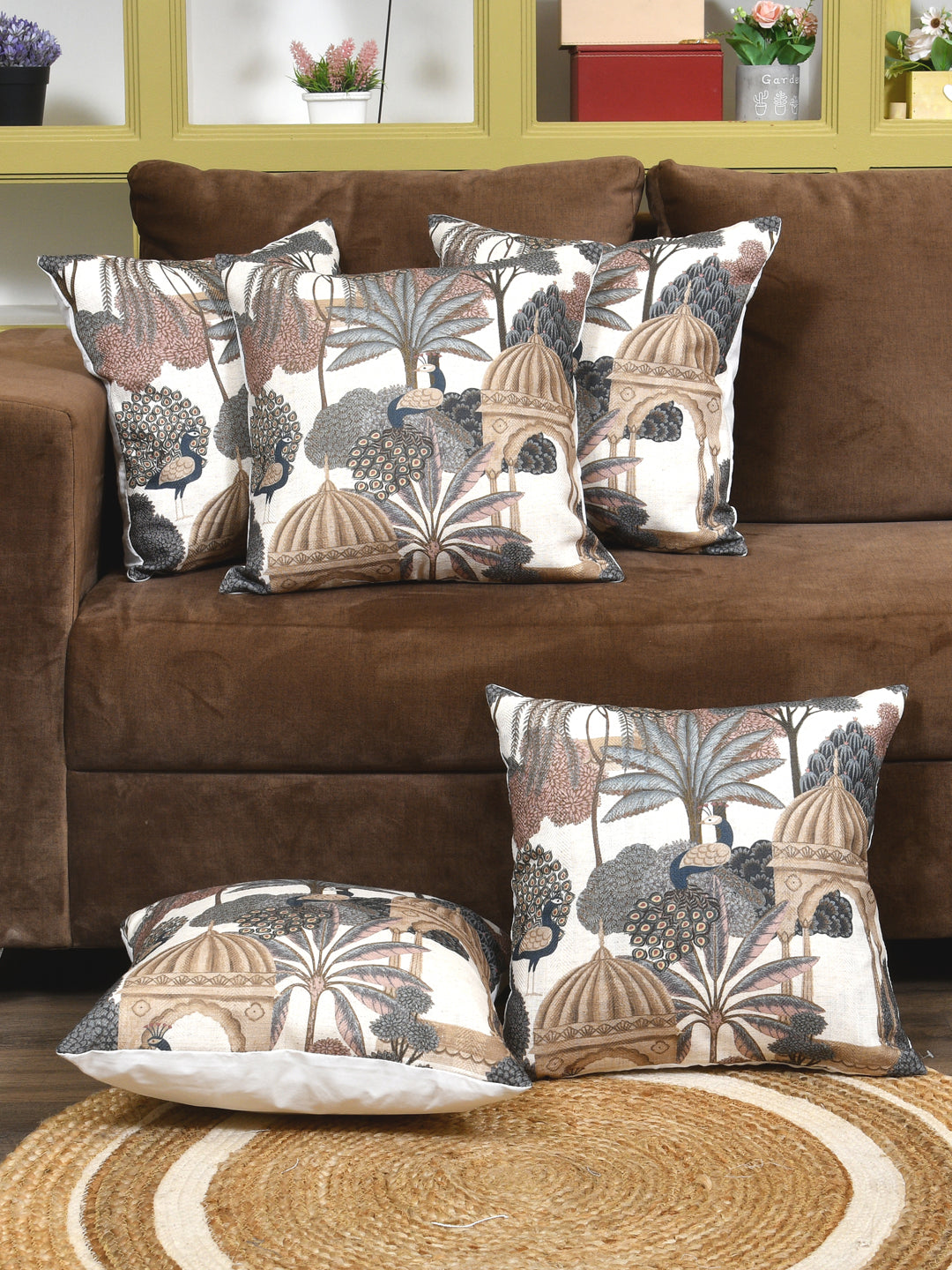 Cushion Covers Set Of 5; Peacock With Tree