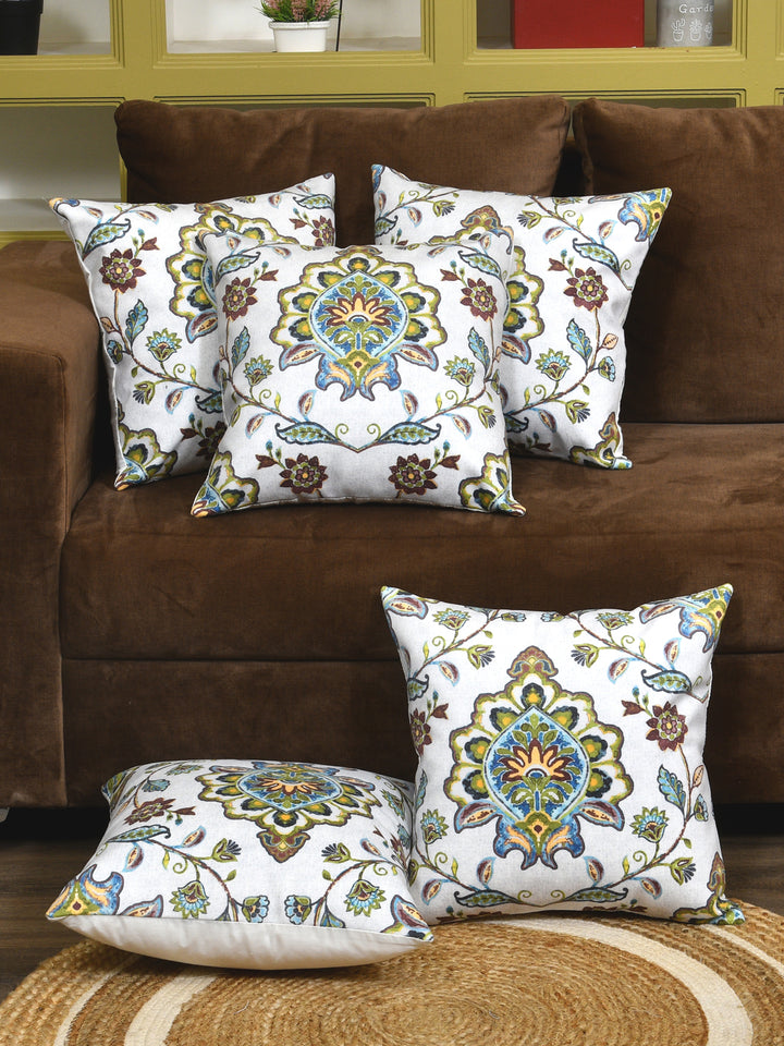 Cushion Covers Set Of 5; Green & Brown Flowers
