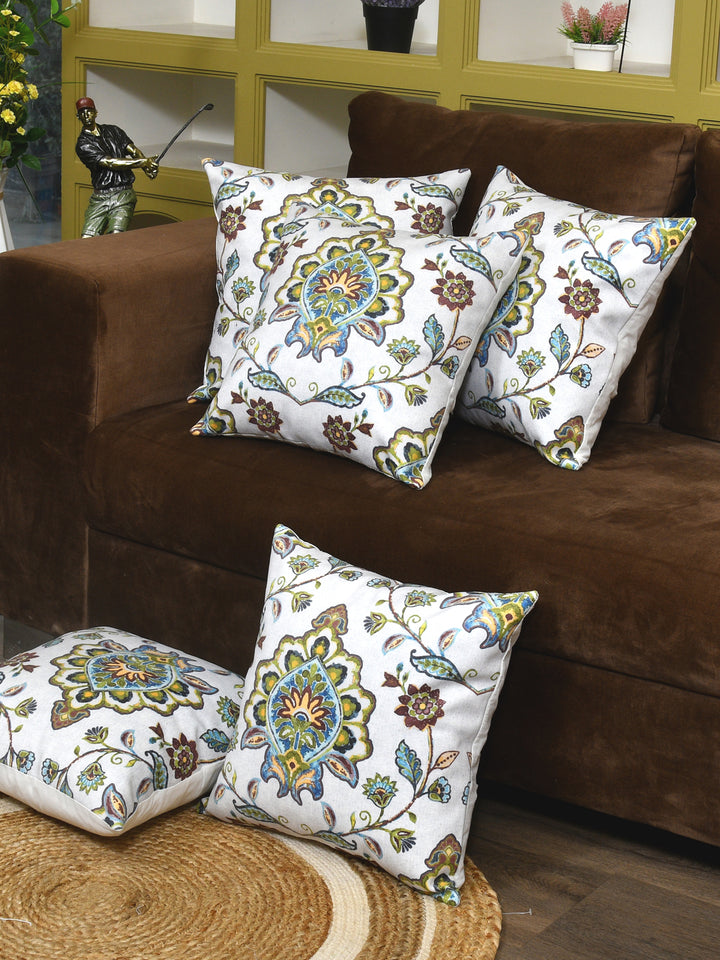 Cushion Covers Set Of 5; Green & Brown Flowers