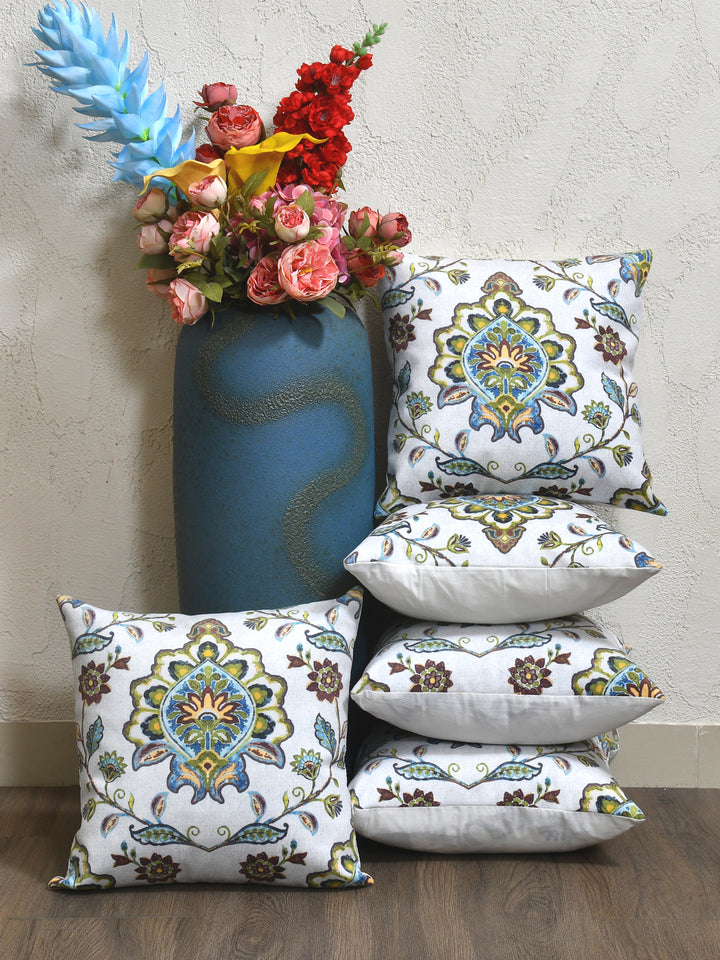 Cushion Covers Set Of 5; Green & Brown Flowers