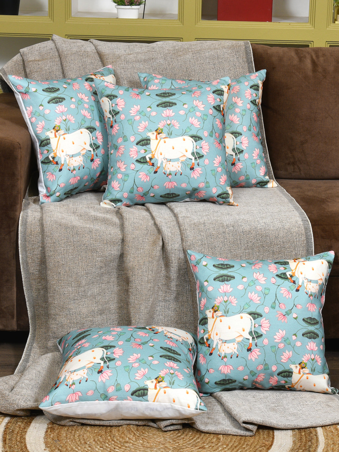 Cushion Covers Set Of 5; Pichwai On Blue