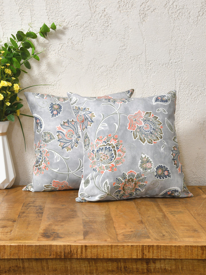 Cushion Covers Set Of 2; Flowers On Grey