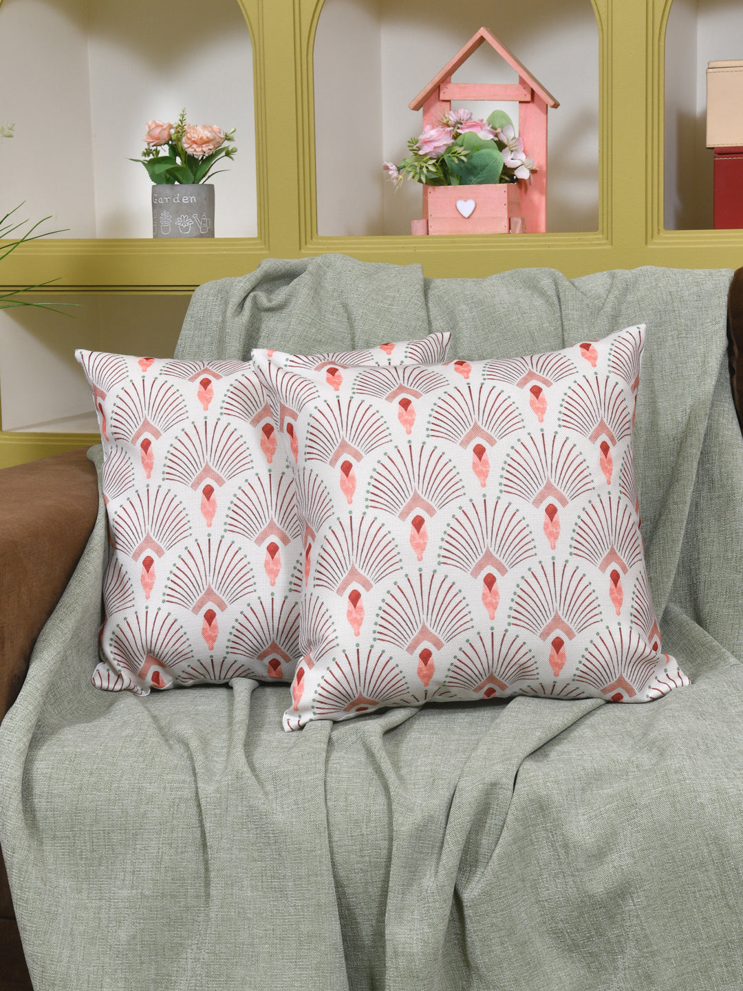 Cushion Covers Set Of 2; Peach On White