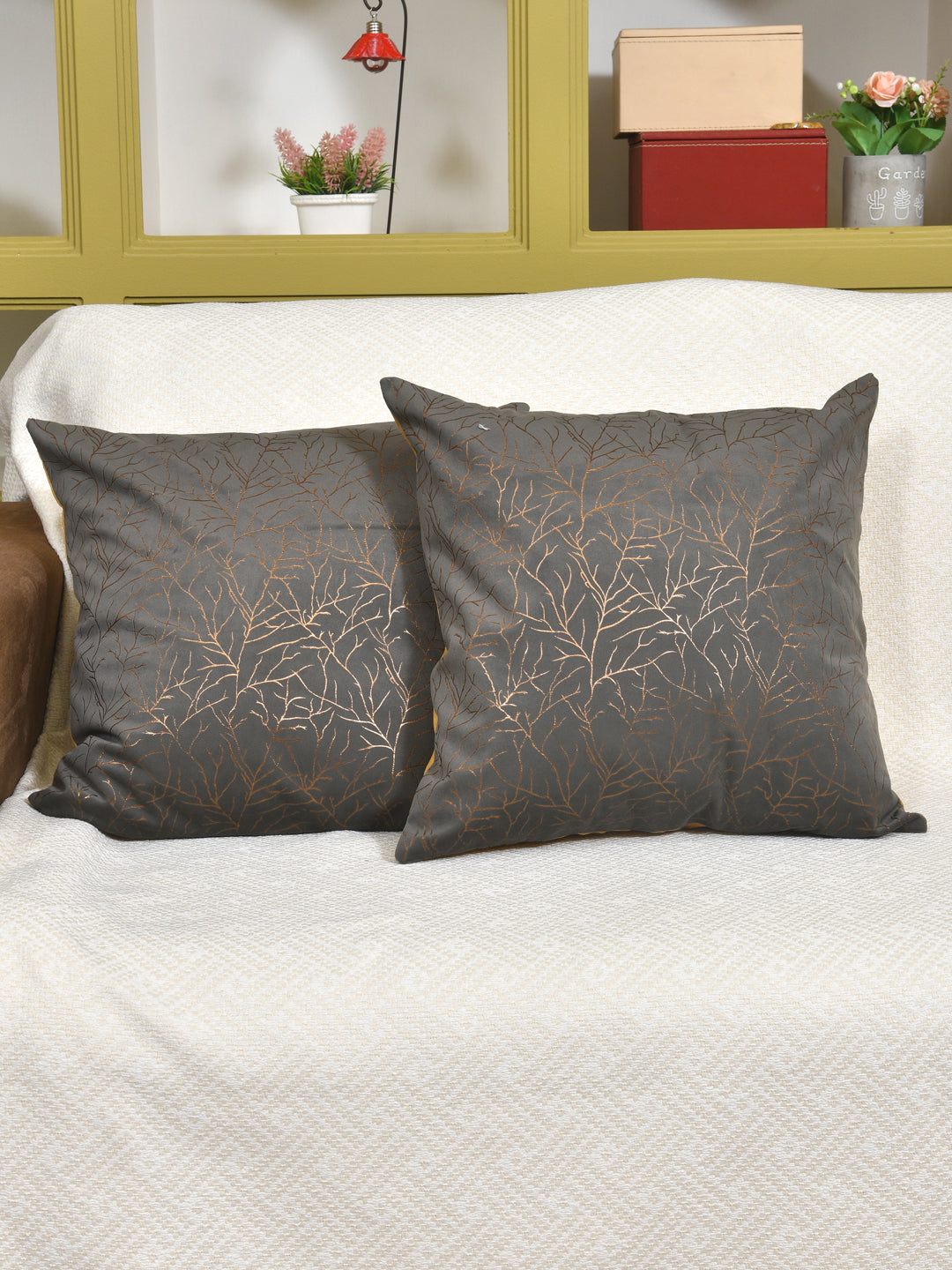 Cushion Covers Set Of 2; Golden On Grey