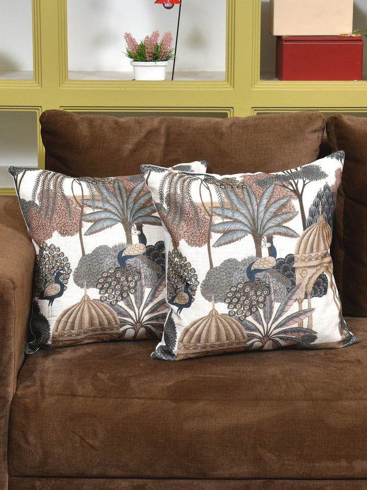 Cushion Covers Set Of 2; Peacock With Tree
