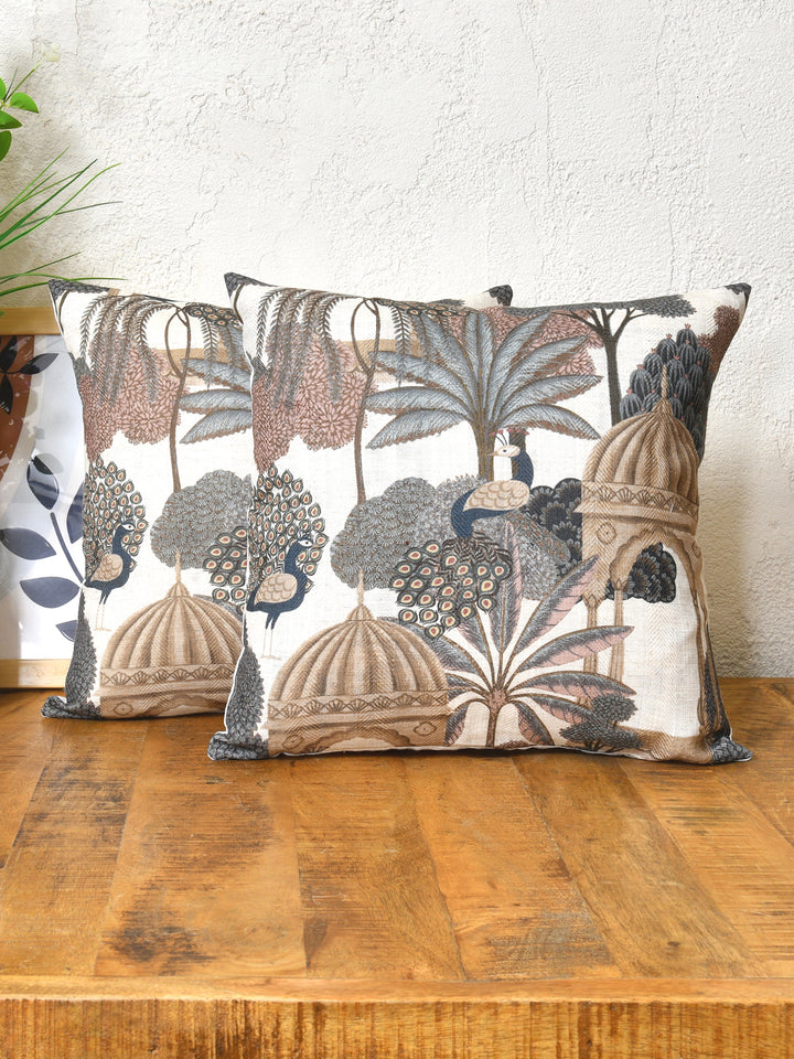 Cushion Covers Set Of 2; Peacock With Tree