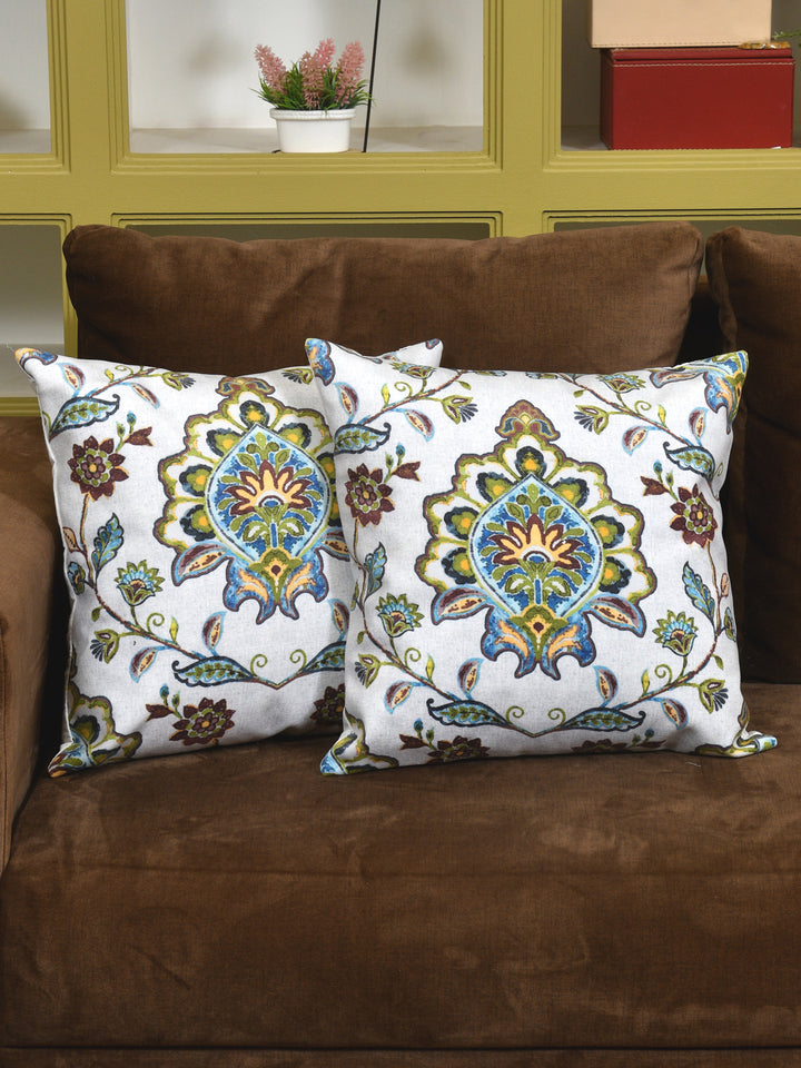 Cushion Covers Set Of 2; Green & Brown Flowers