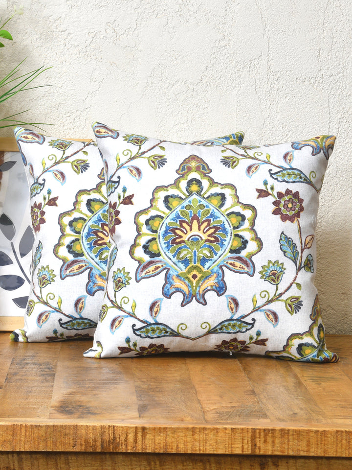 Cushion Covers Set Of 2; Green & Brown Flowers