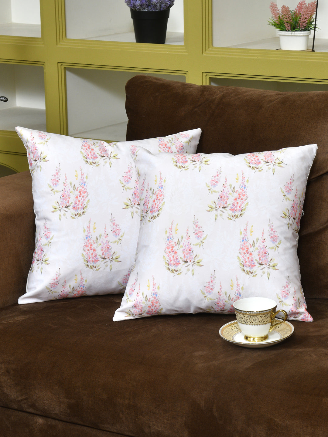 Cushion Covers Set Of 2; Pink Green Leaves