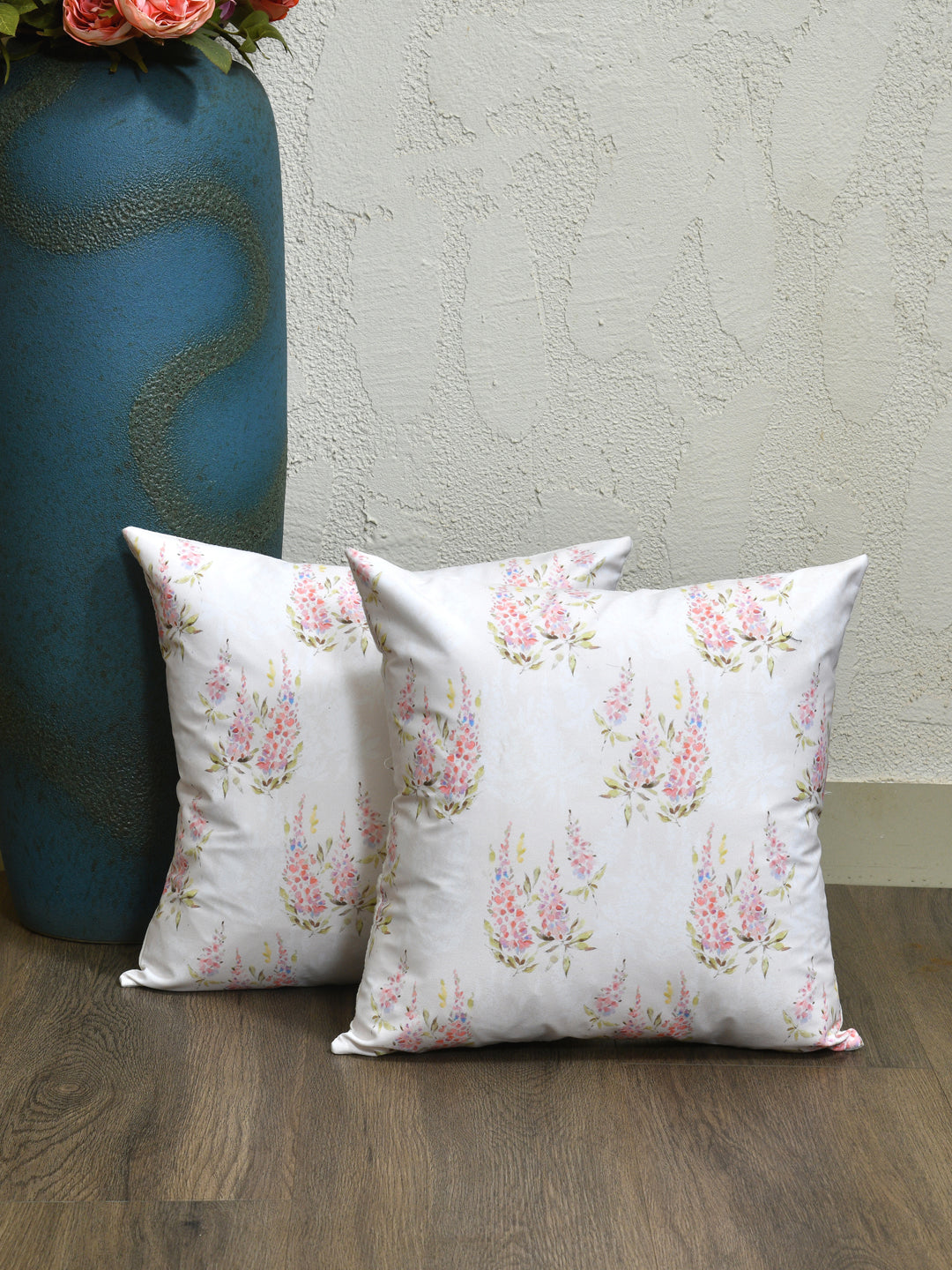 Cushion Covers Set Of 2; Pink Green Leaves