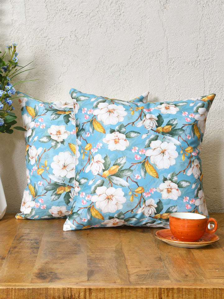 Cushion Covers Set Of 2; White Flowers On Blue