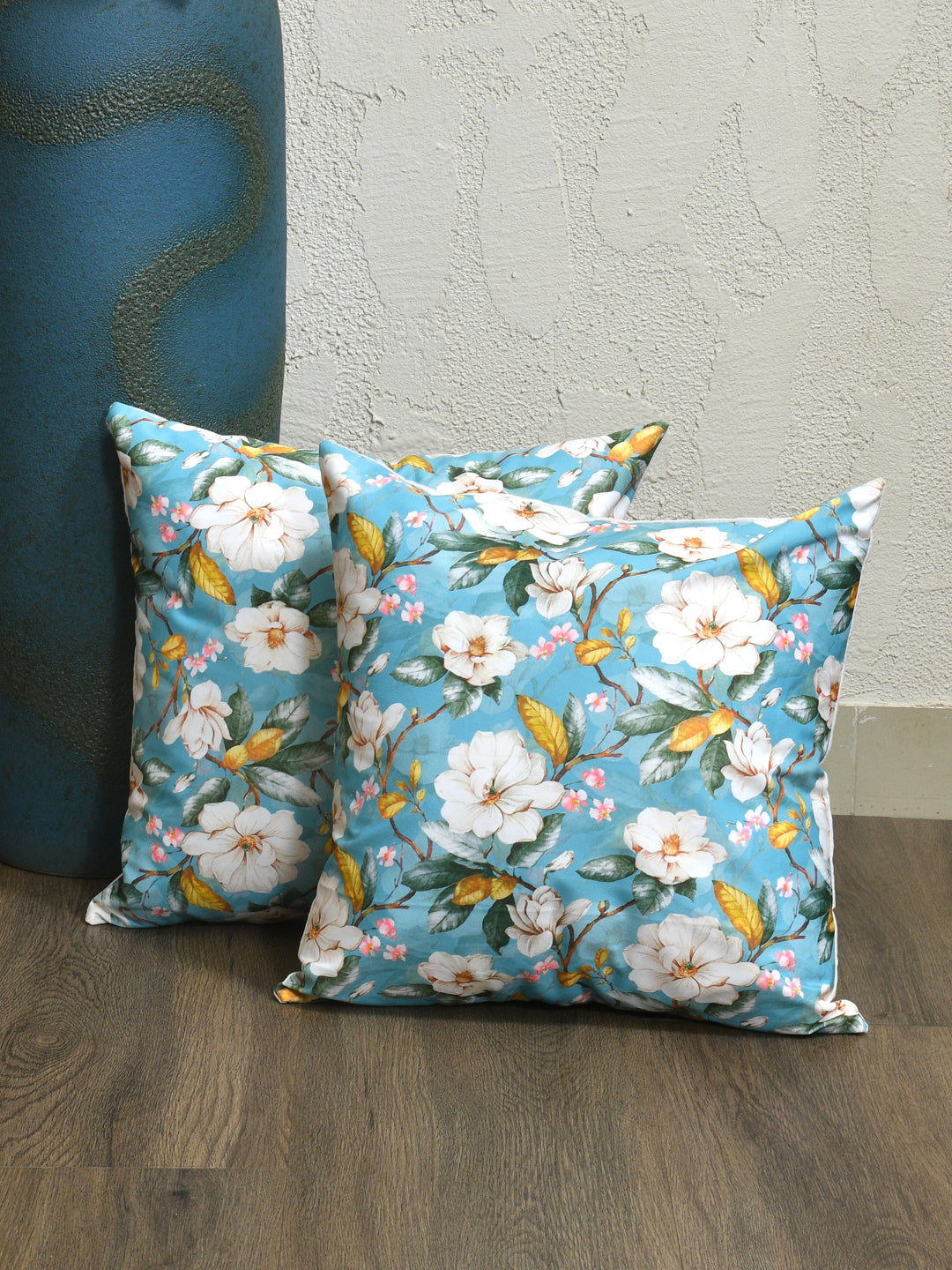 Cushion Covers Set Of 2; White Flowers On Blue