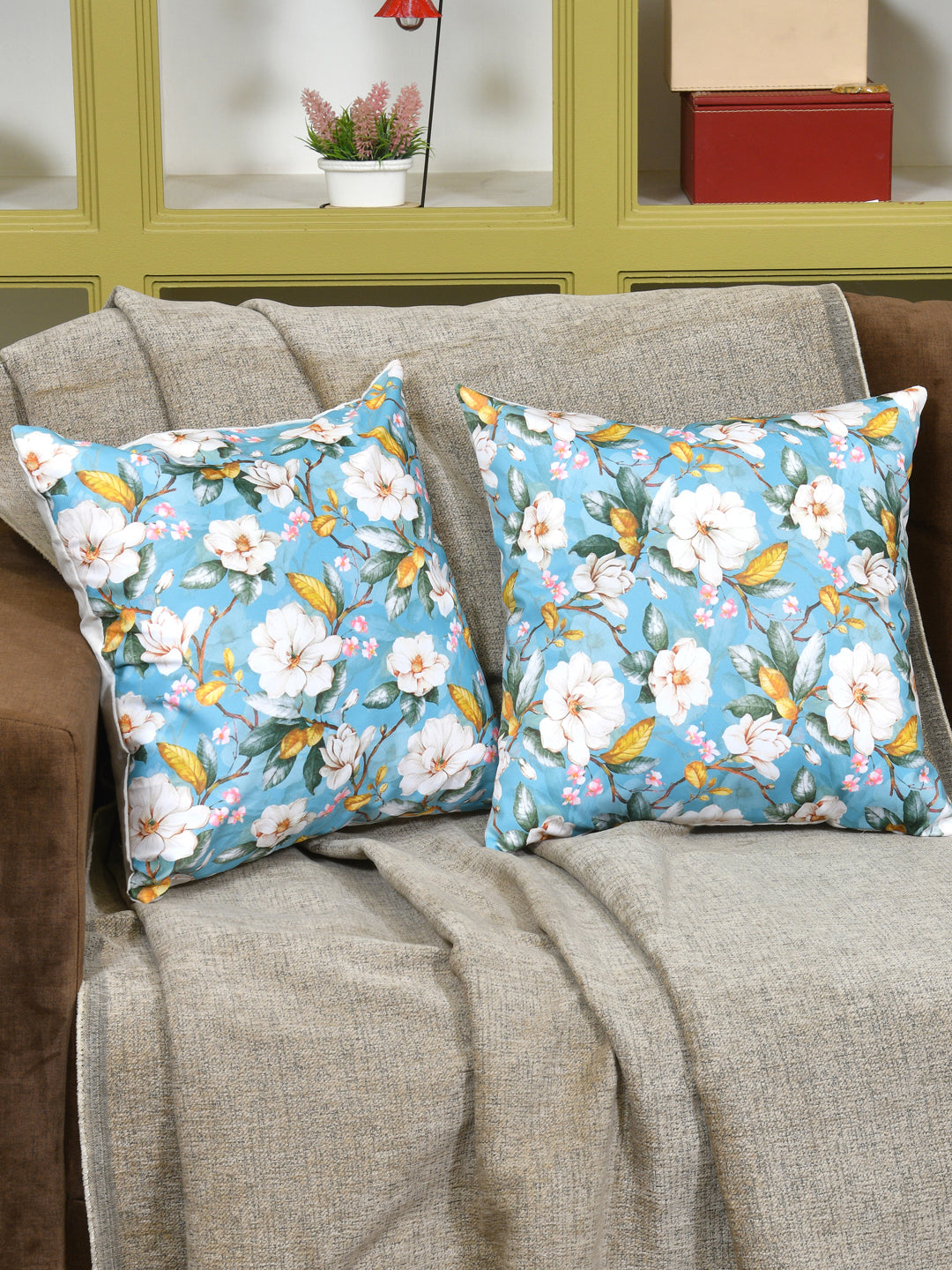 Cushion Covers Set Of 2; White Flowers On Blue