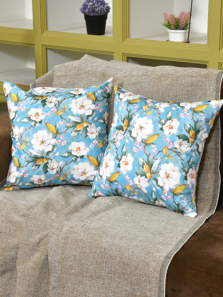 Cushion Covers Set Of 2; White Flowers On Blue