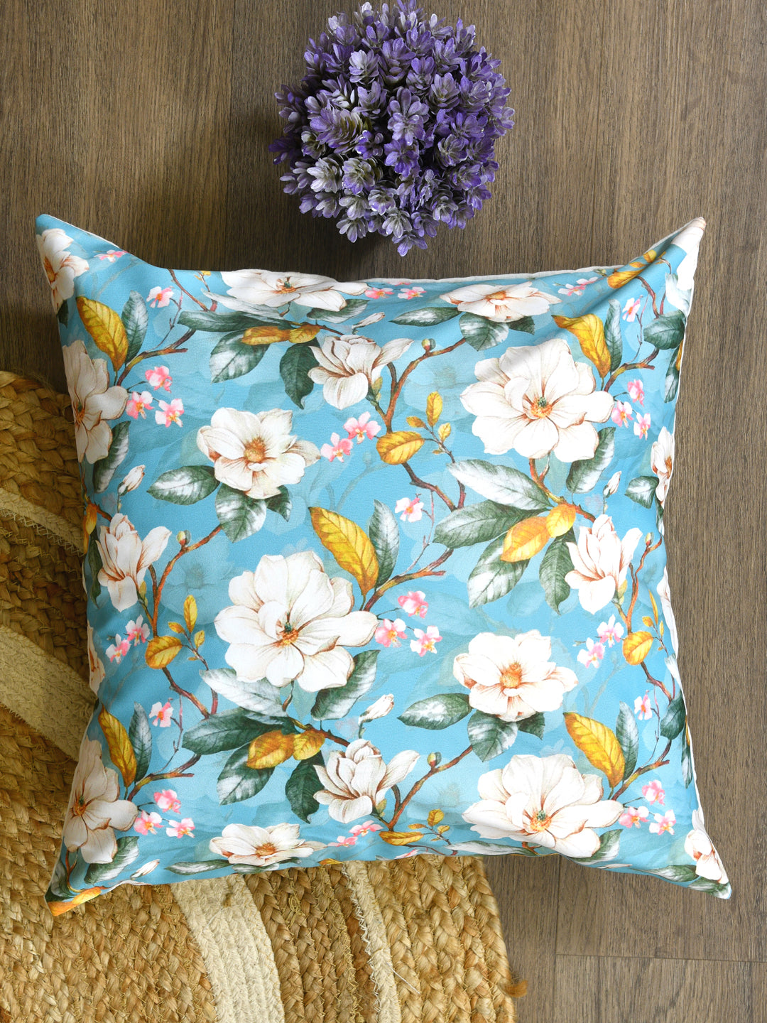 Cushion Covers Set Of 2; White Flowers On Blue