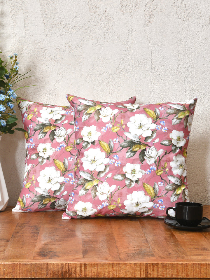 Cushion Covers Set Of 2; White Flowers On Pink