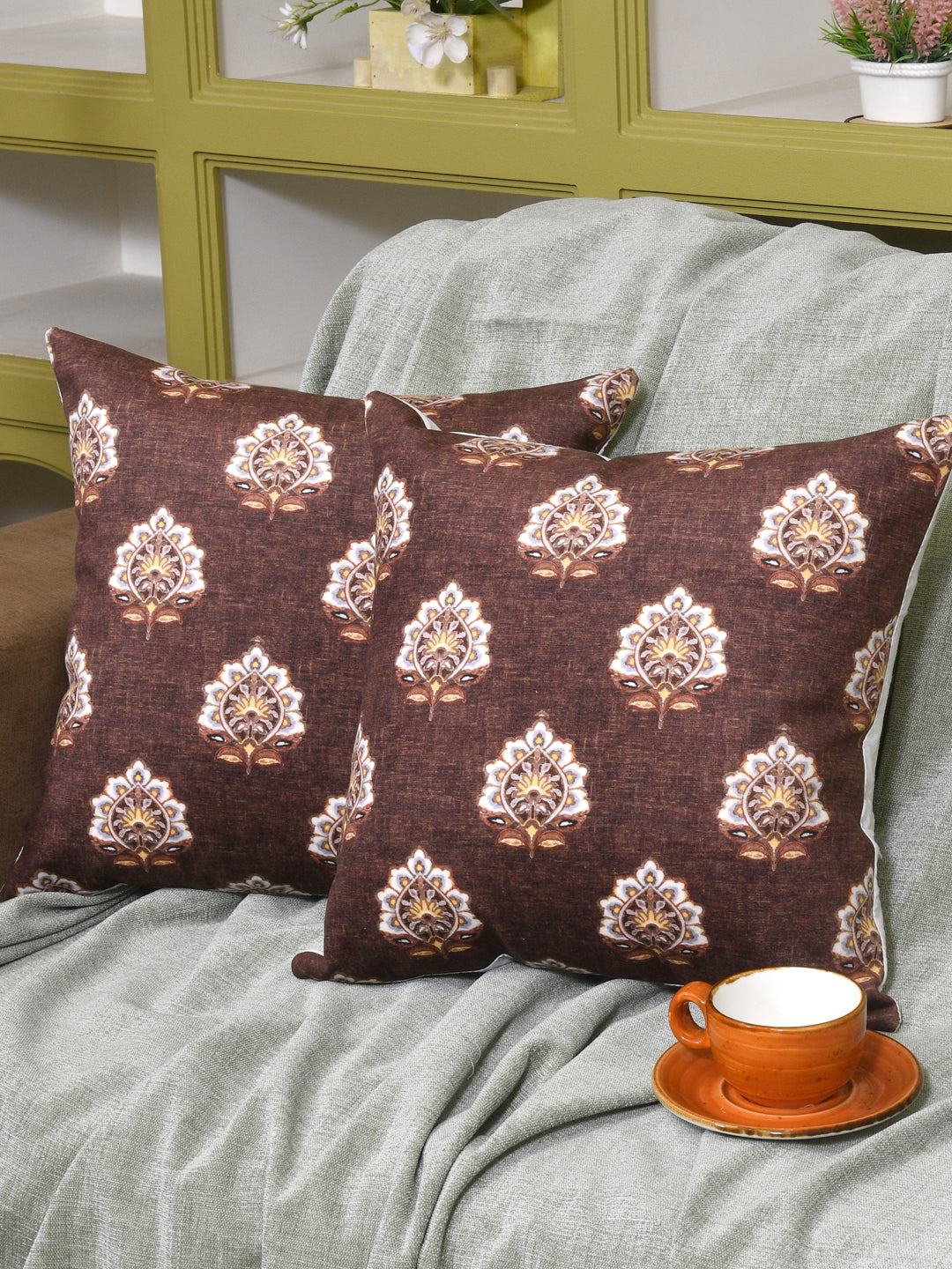 Cushion Covers Set Of 2; White Print On Brown