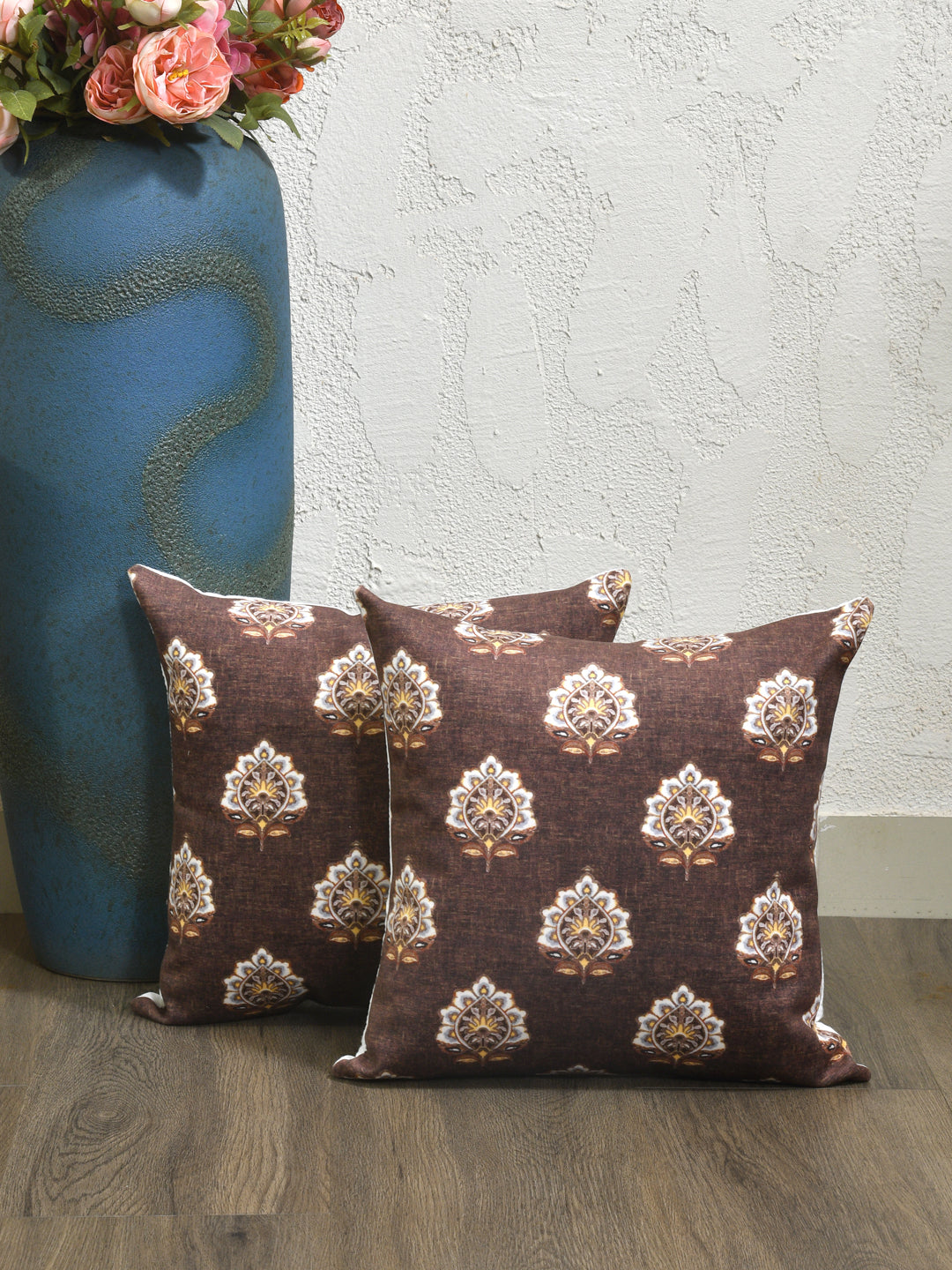 Cushion Covers Set Of 2; White Print On Brown