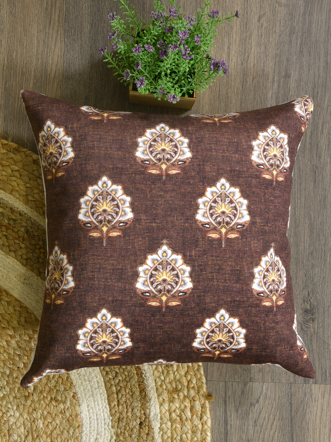 Cushion Covers Set Of 2; White Print On Brown