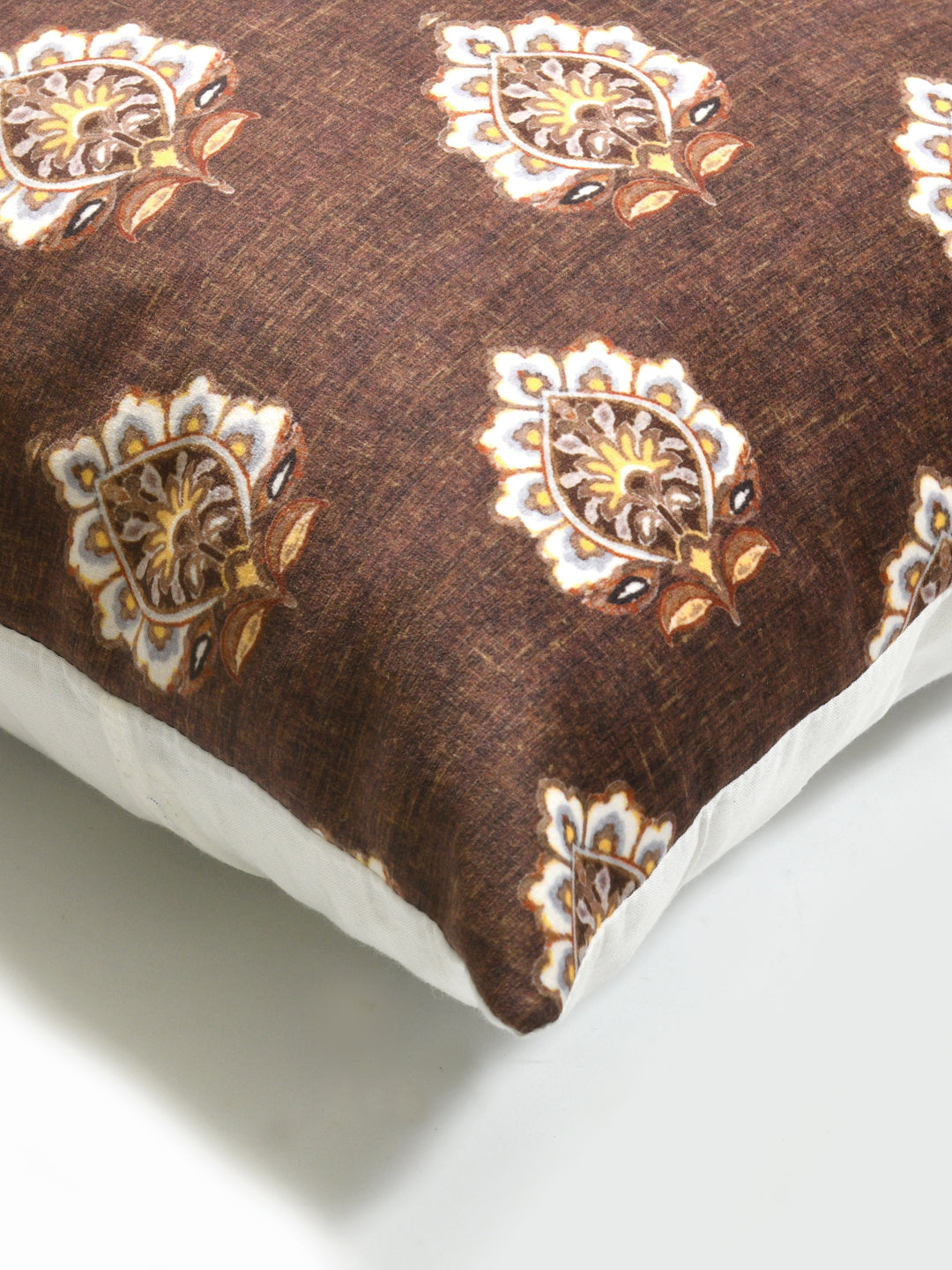 Cushion Covers Set Of 2; White Print On Brown