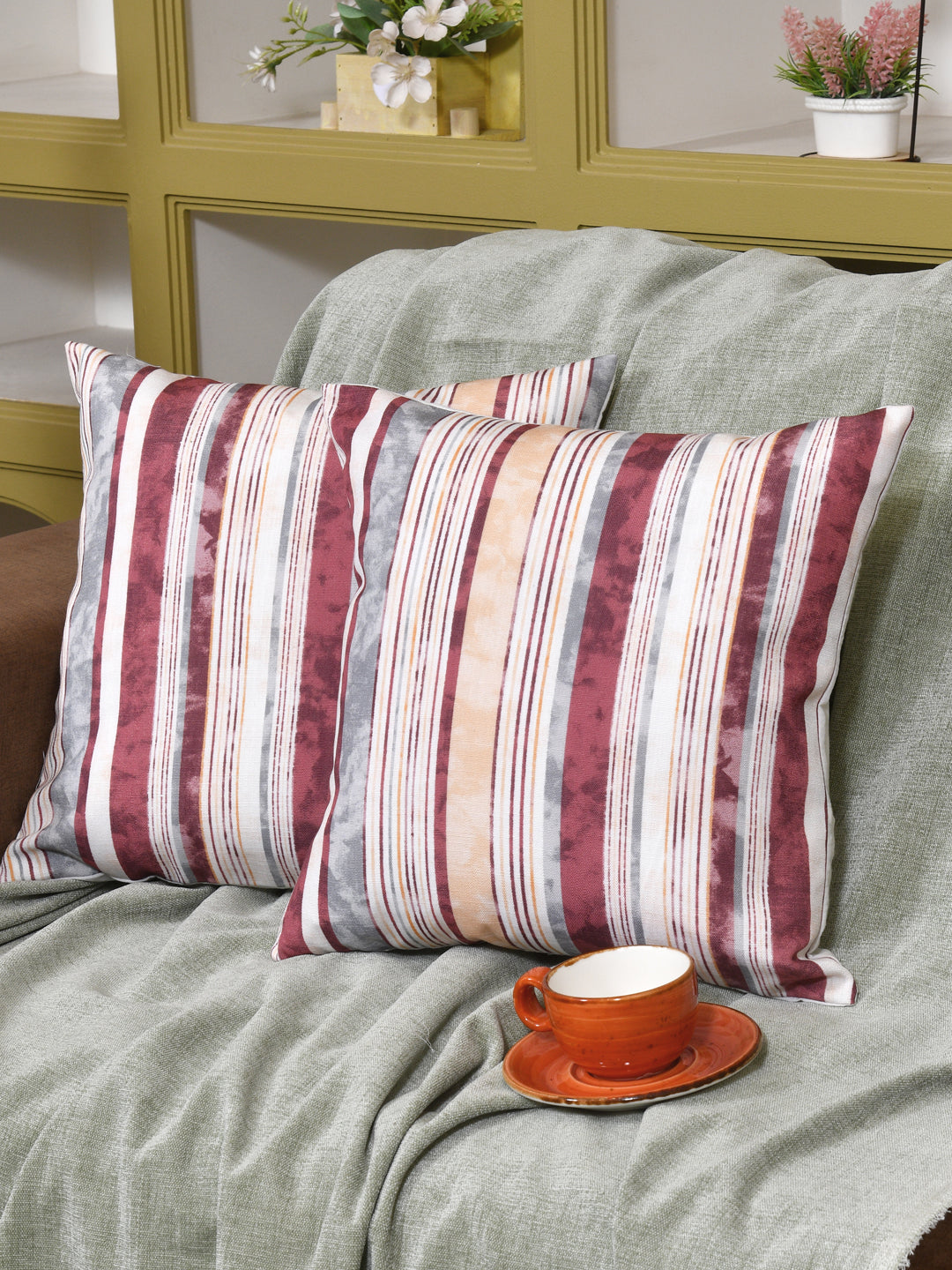 Cushion Covers Set Of 2; Maroon Grey Stripes