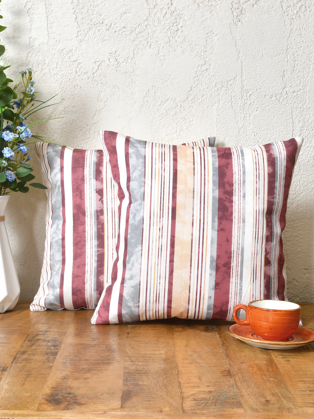 Cushion Covers Set Of 2; Maroon Grey Stripes