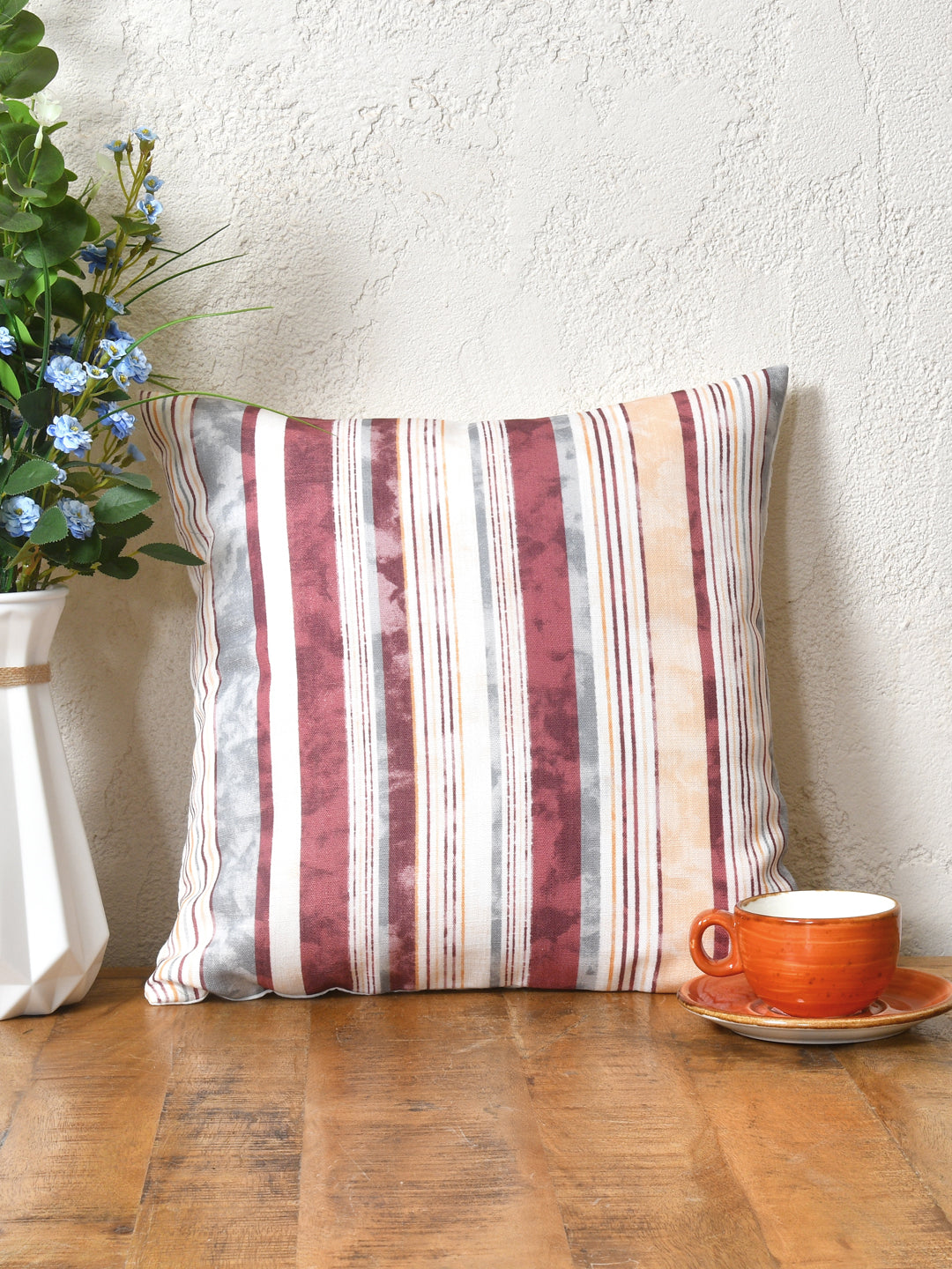 Cushion Covers Set Of 2; Maroon Grey Stripes