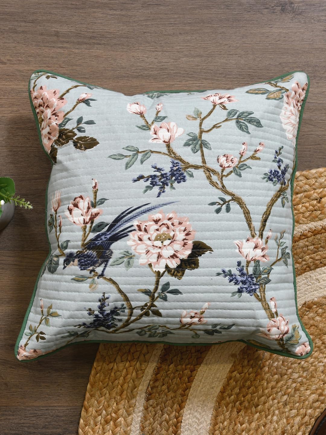 Cotton 300 TC Cushion Covers Set of 5 12X12 Inches Light Flowers On Light Blue