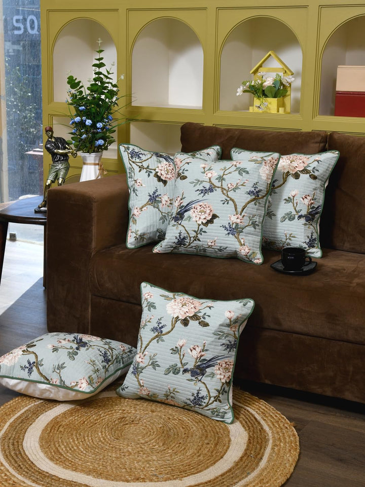 Cotton 300 TC Cushion Covers Set of 5 12X12 Inches Light Flowers On Light Blue