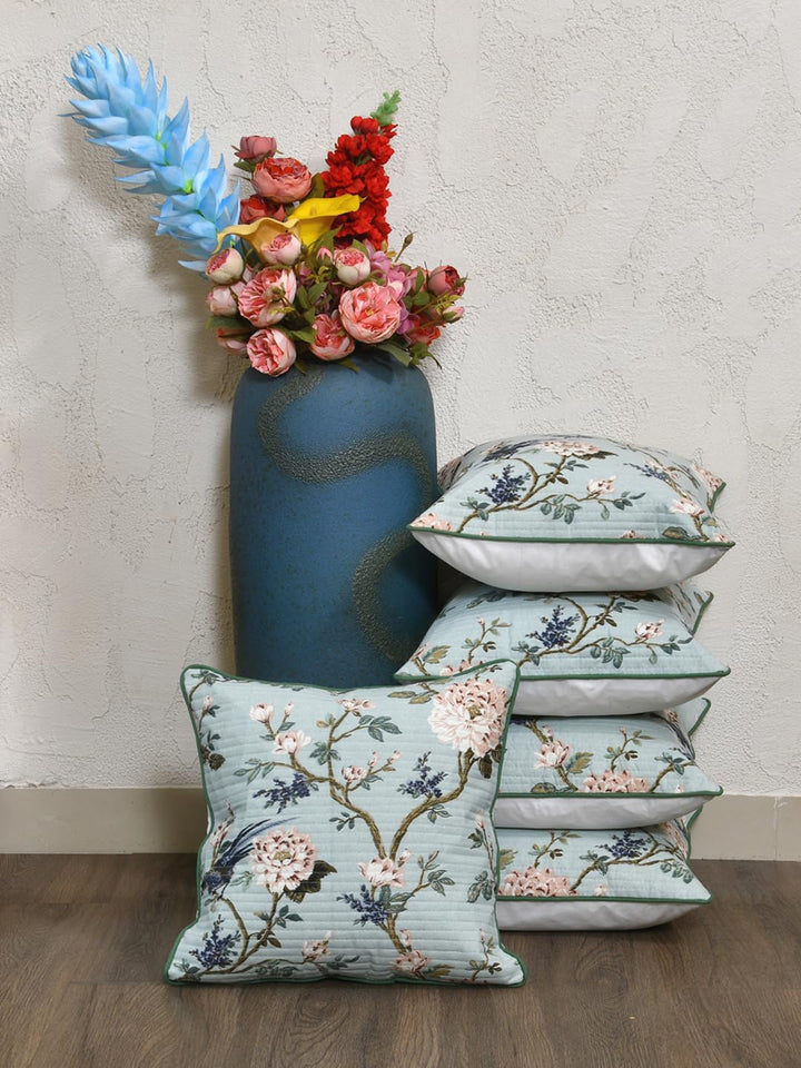 Cotton 300 TC Cushion Covers Set of 5 18X18 Inches Light Flowers On Light Blue