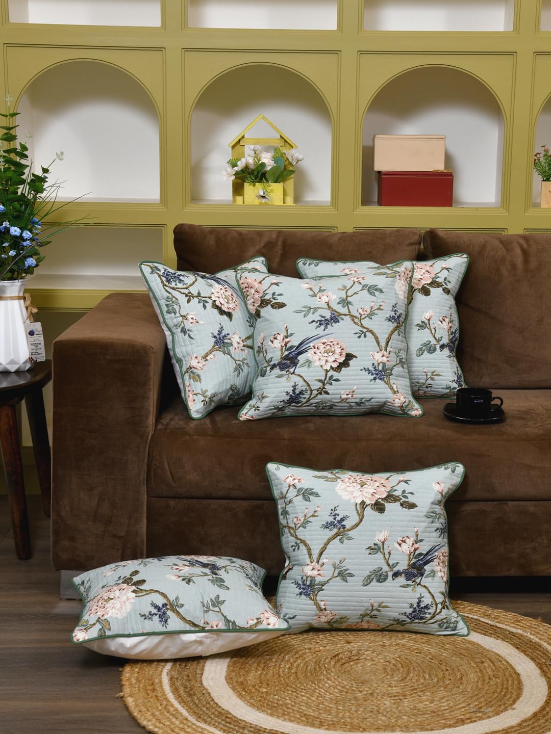Cotton 300 TC Cushion Covers Set of 5 20X20 Inches Light Flowers On Light Blue