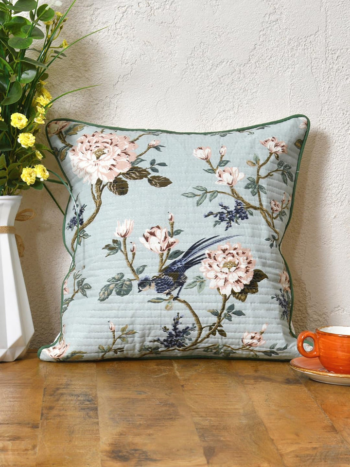Cotton 300 TC Cushion Covers Set of 5 20X20 Inches Light Flowers On Light Blue