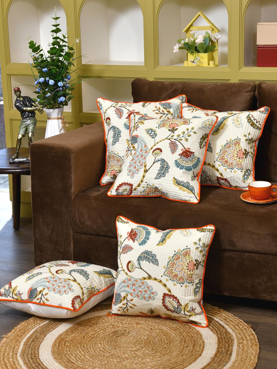 Cotton 300 TC Cushion Covers Set of 5 18X18 Inches Multicolor Peacock