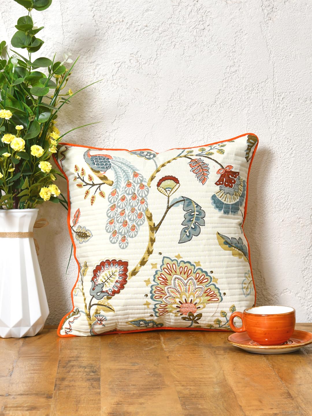 Cotton 300 TC Cushion Covers Set of 5 20X20 Inches Multicolor Peacock