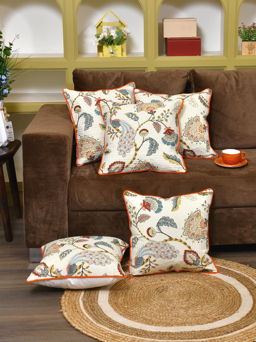 Cotton 300 TC Cushion Covers Set of 5 22X22 Inches Multicolor Peacock