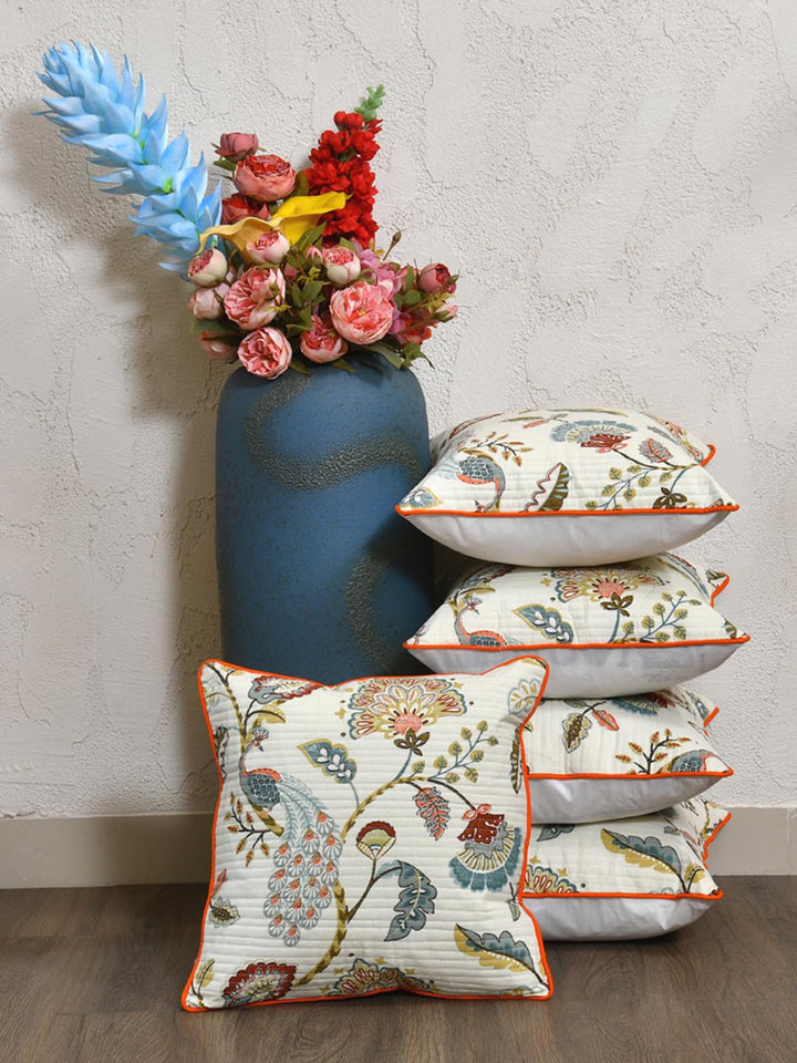 Cotton 300 TC Cushion Covers Set of 5 22X22 Inches Multicolor Peacock