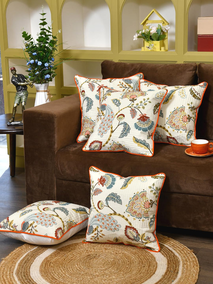 Cotton 300 TC Cushion Covers Set of 5 22X22 Inches Multicolor Peacock