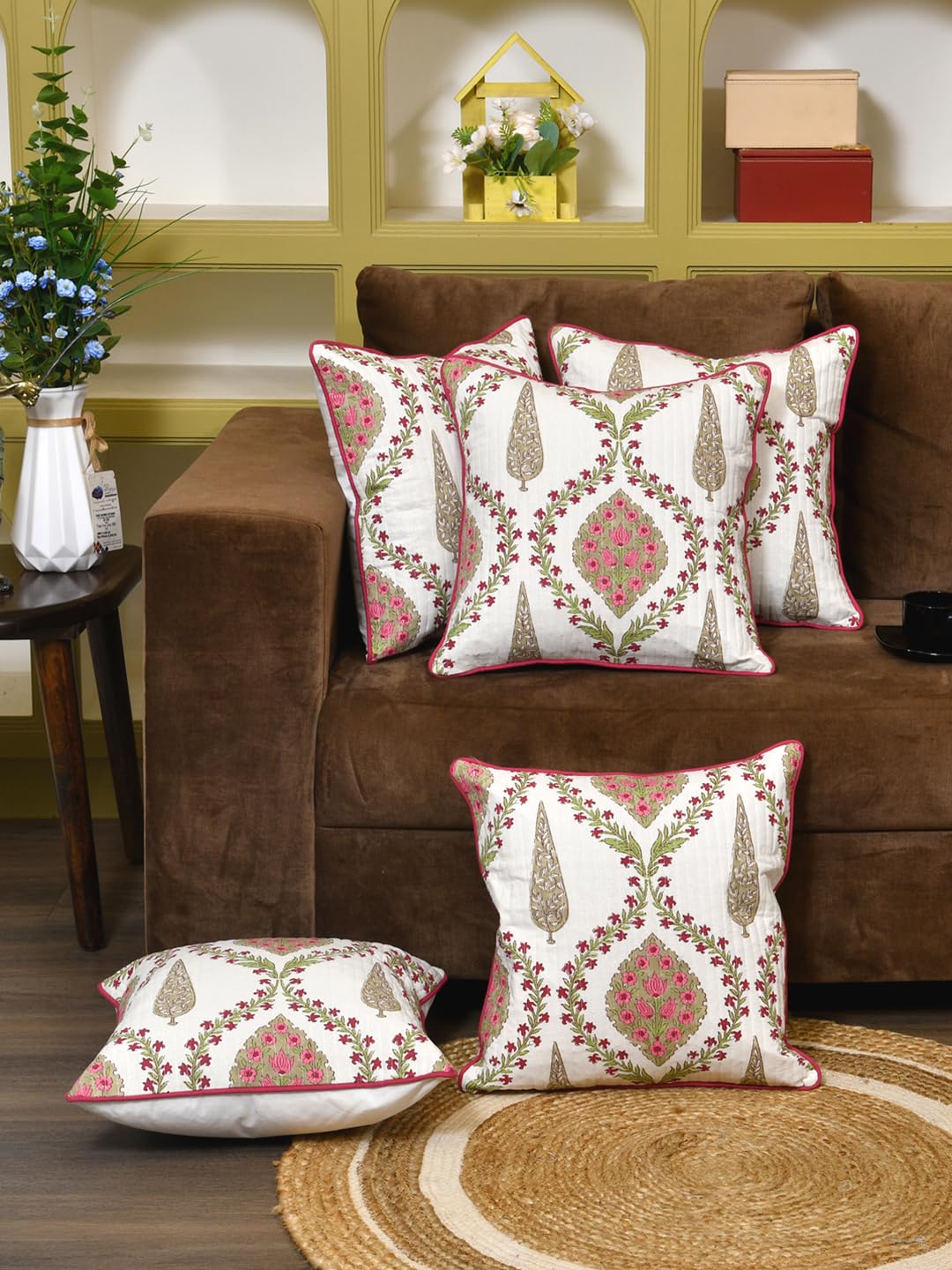 Cotton 300 TC Cushion Covers Set of 5 12X12 Inches Pink Beige Block Print