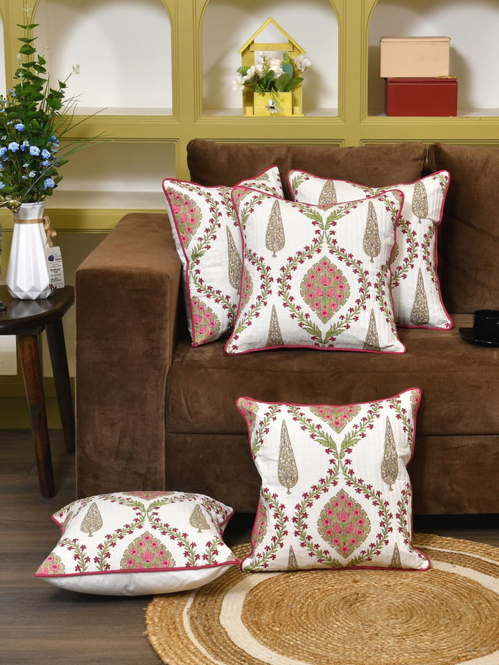 Cotton 300 TC Cushion Covers Set of 5 18X18 Inches Pink Beige Block Print