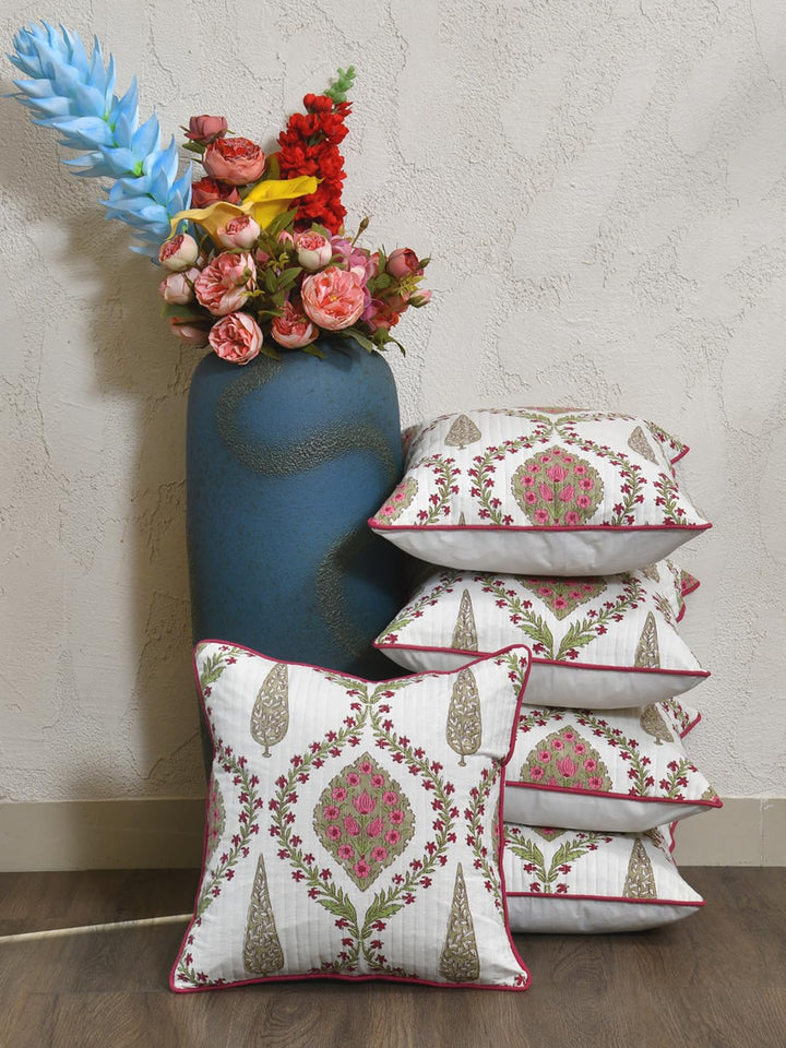 Cotton 300 TC Cushion Covers Set of 5 18X18 Inches Pink Beige Block Print