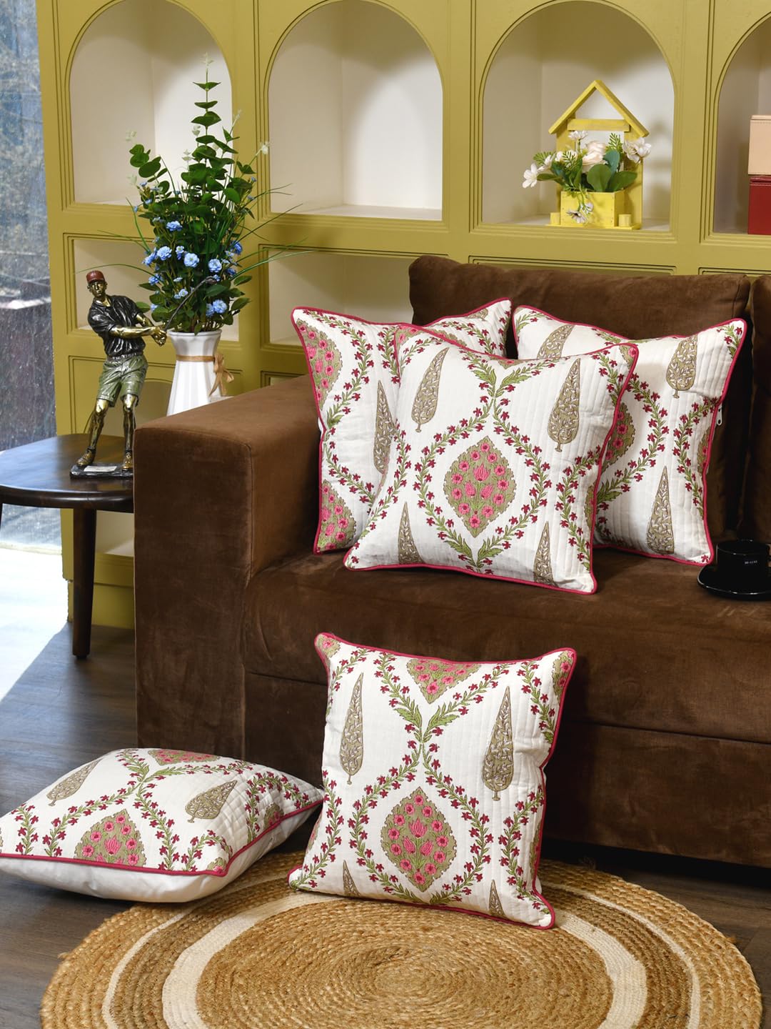Cotton 300 TC Cushion Covers Set of 5 18X18 Inches Pink Beige Block Print