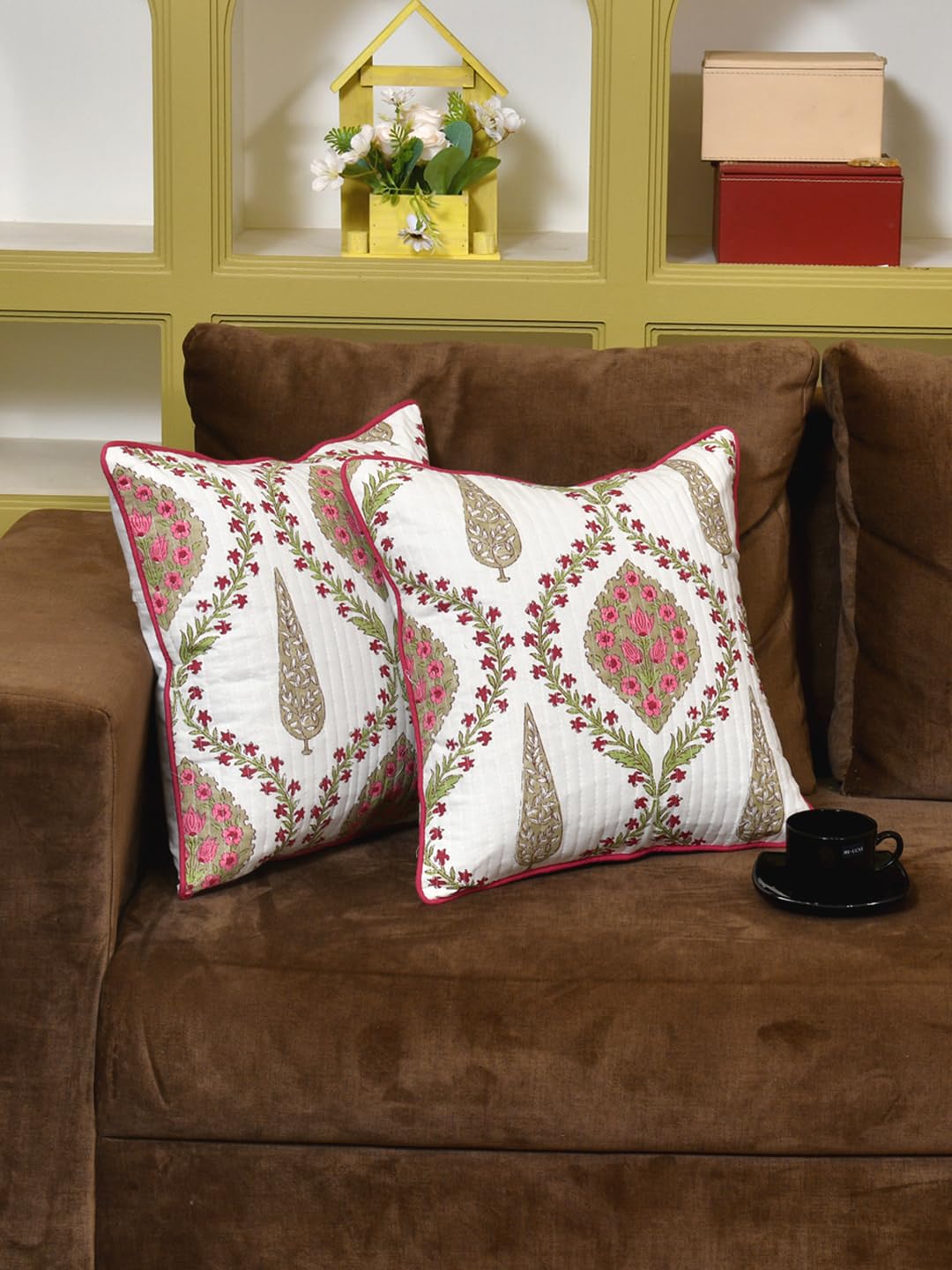 Cotton 300 TC Cushion Covers Set of 5 18X18 Inches Pink Beige Block Print