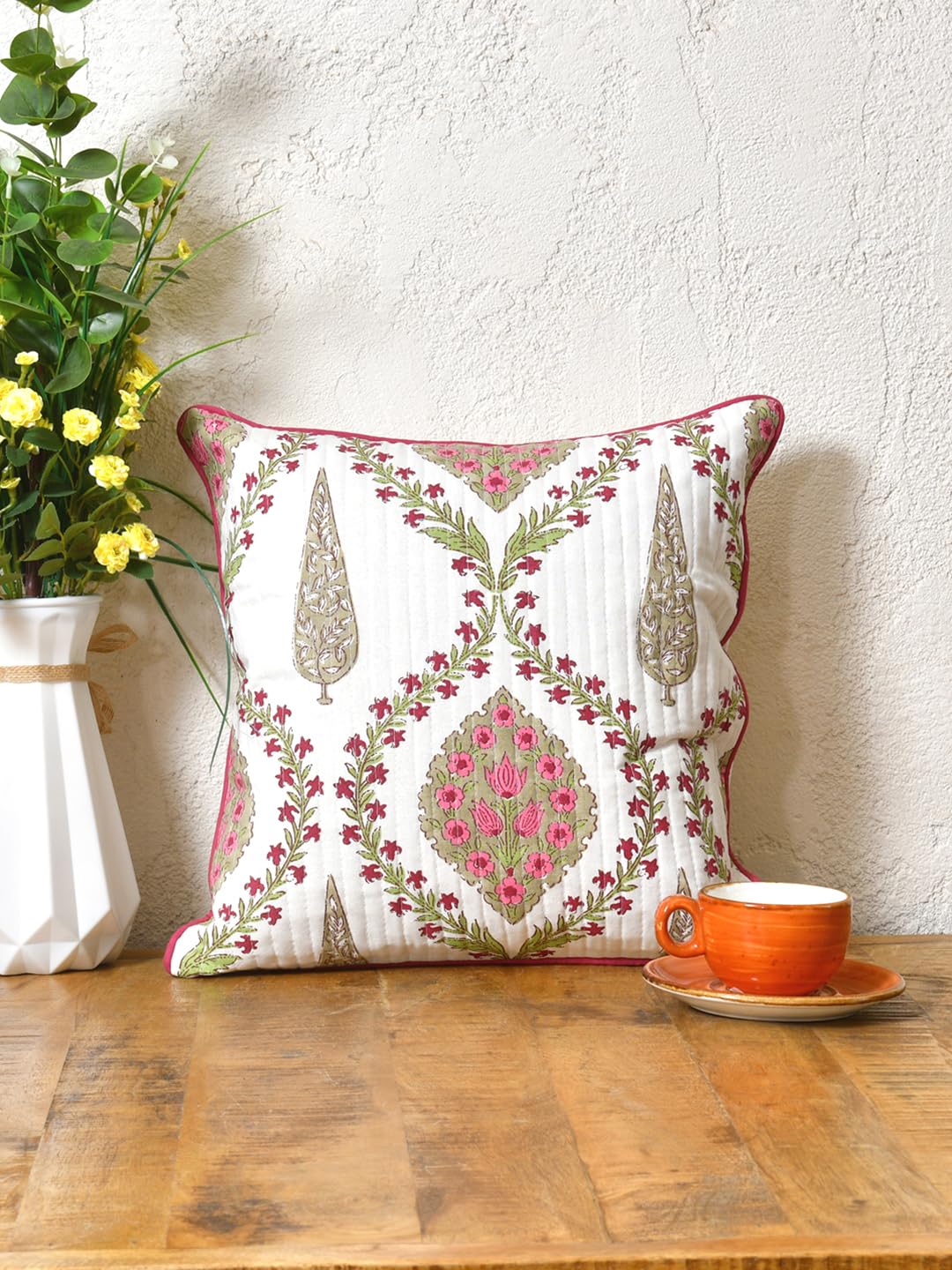 Cotton 300 TC Cushion Covers Set of 5 20X20 Inches Pink Beige Block Print