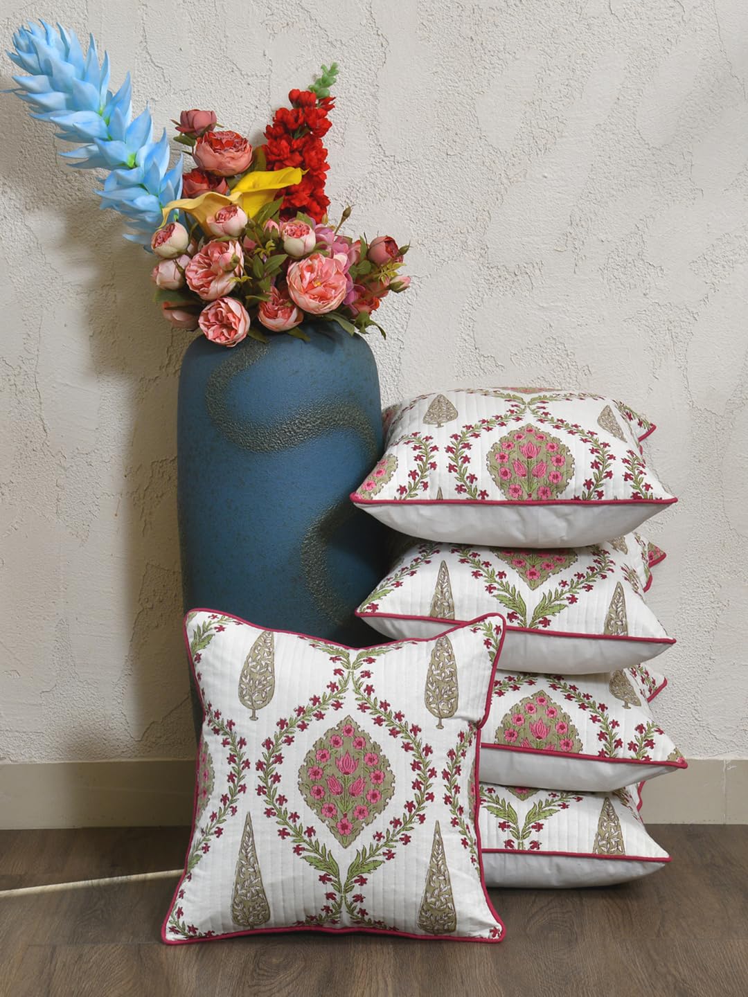 Cotton 300 TC Cushion Covers Set of 5 24X24 Inches Pink Beige Block Print