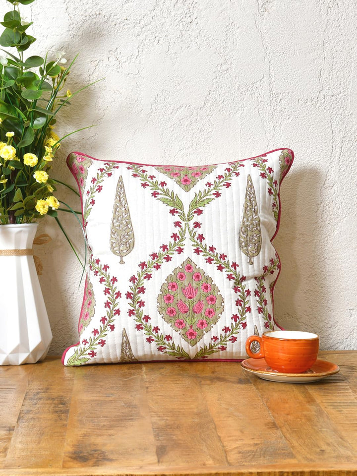 Cotton 300 TC Cushion Covers Set of 5 24X24 Inches Pink Beige Block Print